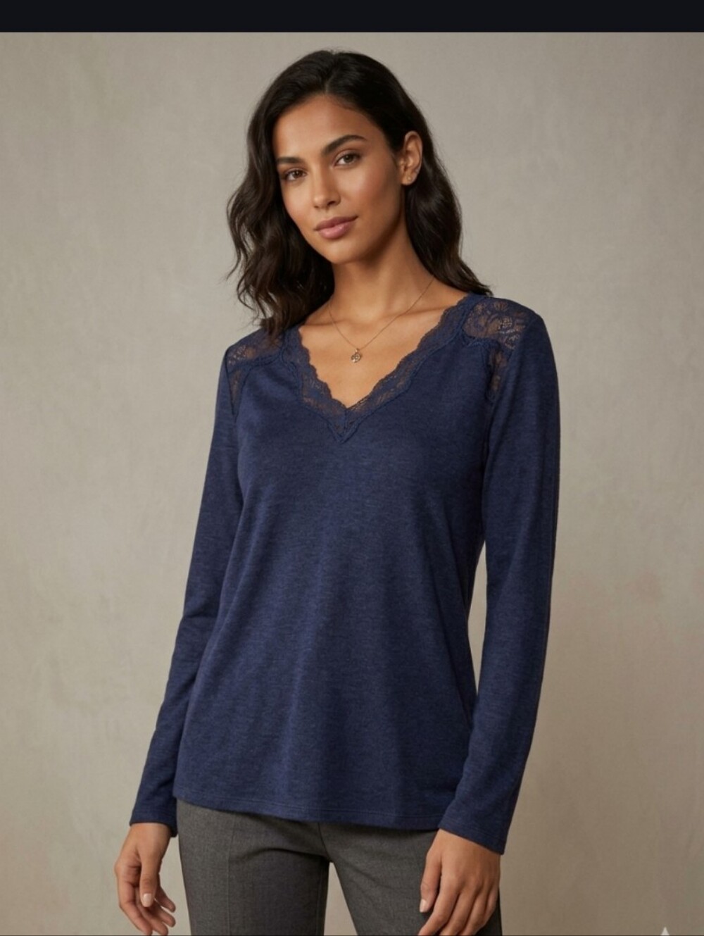 Sugarlips Navy Lace-Trim V-Neck Long Sleeve Top - Deep Navy